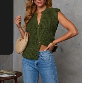 VICI Sweet Gather Olive Green Knit Sleeveless Cardigan Vest Sweater